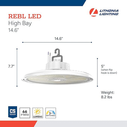 Lithonia Lighting REBL Round High Bay LED Light, 24,000/27,000/30,000 Adjustable Lumen Output, 3500K/4000K/5000K Switchable White Color Temperature, Work Light, XVOLT for 277-480V, 14.6" x 7.7", White