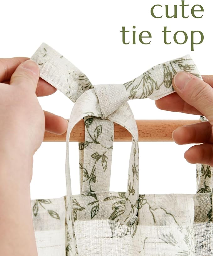 jinchan Floral Linen Tier Curtains 36 Inch Farmhouse Cafe Curtains Tie Top Botanic Drapes for Small Windows Over Sink for Kitchen Country Rustic Laundry Room Bathroom RV 2 Panels Green on Beige