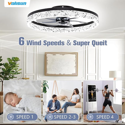 VOLISUN Fandelier Ceiling Fans with Light, 23.6in Low Profile Ceiling Fan with Light and Remote, 3000K-6500K Dimmable Bladeless Ceiling Fan Flush Mount, Black Modern Ceiling Fan with Light for Bedroom