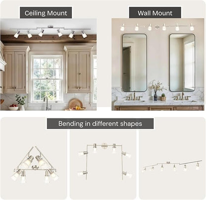 6-Light Decorative Track Lighting Kit, Brushed Steel Finish Flush Mount Ceiling Light Fixture with Frosted Glass Shades, Foldable Z-Bar, E26 Adjustable Heads Provide Directional Light