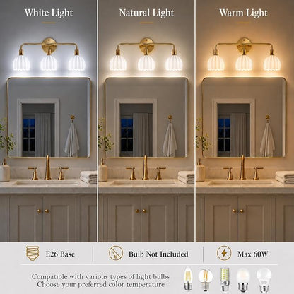 Brushed Gold 3-Light Vanlity Light Over Mirror,Wall Sconces,Gold Brass Bathroom Light Fixture with White Glass Flower Shade,E26 Socket(Bulbs Not Included)