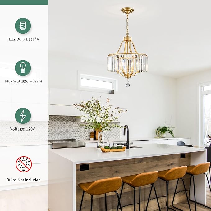 Crystal Chandelier - Rustic Gold Pendant Light - 15.7 Inch Diameter Height Adjustable Modern Ceiling Light - Ideal for Dining Rooms, Kitchens, Living Rooms