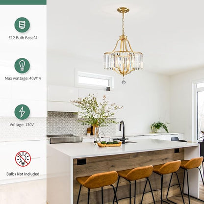 Crystal Chandelier - Rustic Gold Pendant Light - 15.7 Inch Diameter Height Adjustable Modern Ceiling Light - Ideal for Dining Rooms, Kitchens, Living Rooms