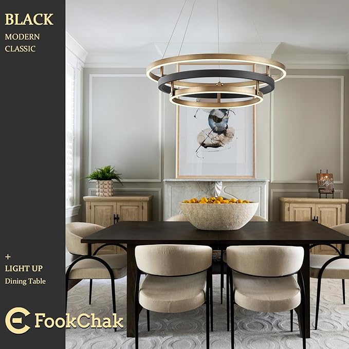 Modern Brass Chandelier for Living Room LED 3-Ring Dimmabel Chandelier Black & Gold Light Fixture Round Entry Foyer Chandeliers Lighting for Dining Room Bedroom Office 24in