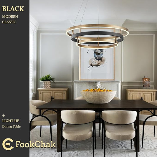 Modern Brass Chandelier for Living Room LED 3-Ring Dimmabel Chandelier Black & Gold Light Fixture Round Entry Foyer Chandeliers Lighting for Dining Room Bedroom Office 24in
