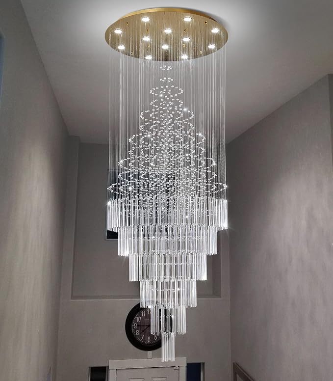 HAIXIANG W32 x H100 Glam Chandelier with LED Bulbs Crystal Raindrop High Ceiling Pendant Light for Entrance Large Villa Chandelier Foyer Lighting Fixtures Gold