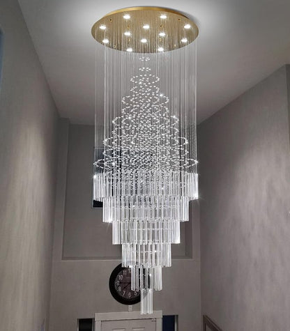HAIXIANG W32 x H100 Glam Chandelier with LED Bulbs Crystal Raindrop High Ceiling Pendant Light for Entrance Large Villa Chandelier Foyer Lighting Fixtures Gold