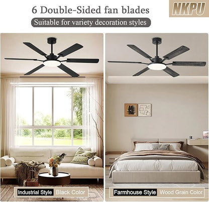 60 Inch Ceiling Fans with Lights, Large Modern Black Ceiling Fan with Light and Remote Control, 6 Double Sided Blades, 6 Speed Reversible Motor, Dimmable LED, Silent Timing, Indoor Outdoor Patio Use