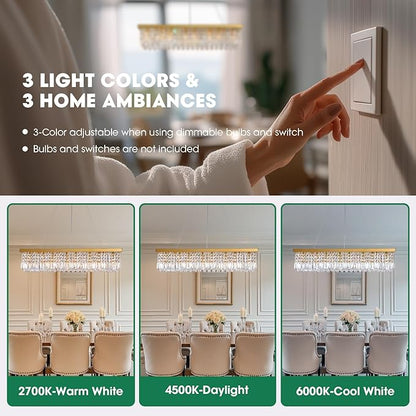 Gold Modern Crystal Chandeliers for Dining Room Kitchen Island Light Fixture, 8-Light Rectangle Chandelier for Living Room, L39.4 Inch