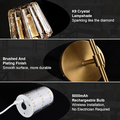 Battery Operated Crystal Wall Sconce Set of 2, Amber Rechargeable Wireless Wall Sconces with Remote Dimmable 12 Colors Modes Led Wall Lights for Bedroom Living Room Hallway, 2 Bulbs Included