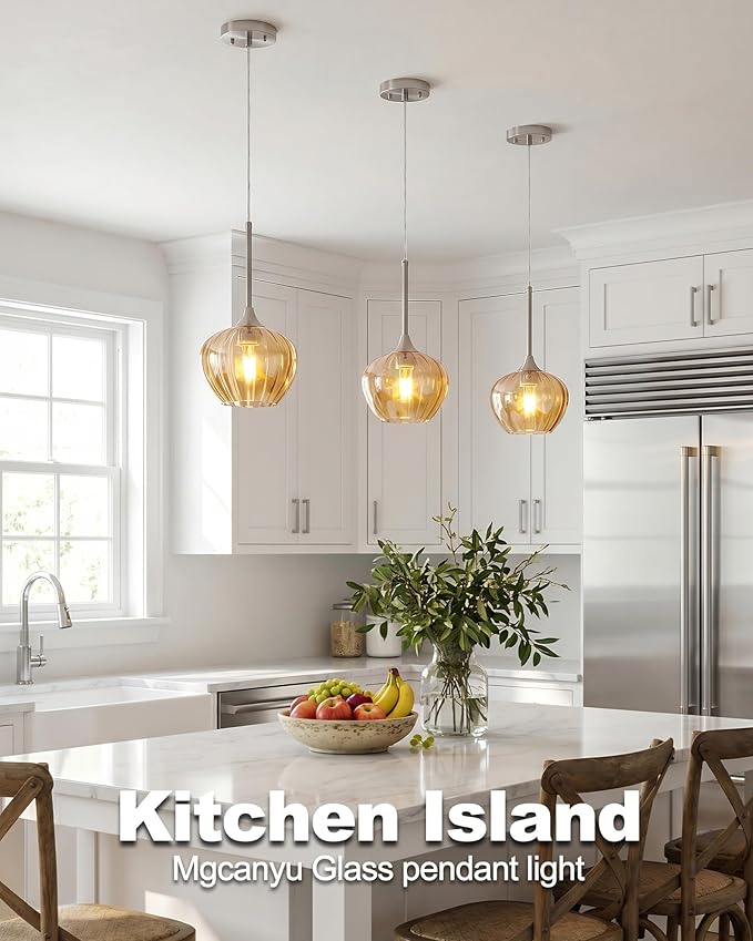 Amber Pendant Lights Kitchen Island, 7" Modern Glass Adjustable Pendant Lighting Brushed Nickel Hanging Light Fixtures for Kitchen, Dining Room, Sink, Bathroom
