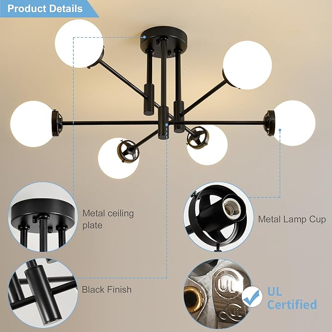 Biewalk Sputnik Ceiling Light Fixture 6 Light Sputnik Chandeliers, Black Chandelier Light Fixture with Milk White Glass Shade for Living Room Kitchen Bedroom Dining Room (E26 Bulb Excluded)