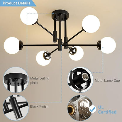 Biewalk Sputnik Ceiling Light Fixture 6 Light Sputnik Chandeliers, Black Chandelier Light Fixture with Milk White Glass Shade for Living Room Kitchen Bedroom Dining Room (E26 Bulb Excluded)