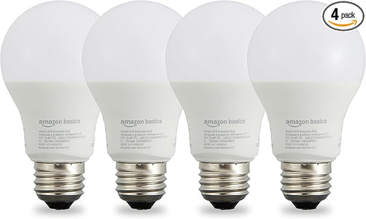 Amazon Basics Smart A19 LED Light Bulb, Dimmable Soft White (2700K), 9W (60W Equivalent), 800LM, Energy Efficient, Works with Alexa Only, 2.4 GHz Wi-Fi, No Hub Required, 4-Pack