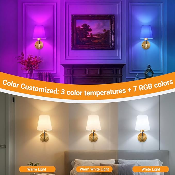 Nekhung Battery Operated Wall Sconces Set of 2, Wireless Wall Light with 10000mAh RGB Dimmable Magnetic Bulb, Rechargeable Wall Sconce with Remote Control for Bedroom Living Room