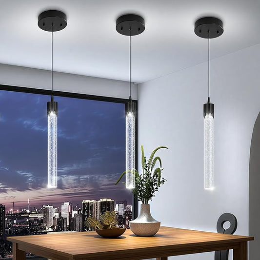 ykolupty Modern Pendant Lights Kitchen Island Black Crystal Mini Pendant Light with Dimmable LED 2700K-6000K,Bubble Crystal Chandelier Dining Room and Bar - 1 Pack