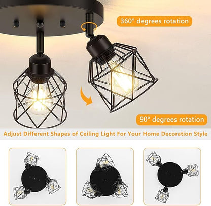 Baocuz 3-Light Kitchen Flush Mount Ceiling Light, Adjustable Multi-Directional Ceiling Light Fixture, Farmhouse Black Metal Cage Close to Ceiling Lamp for Dining Room Bedroom Hallway