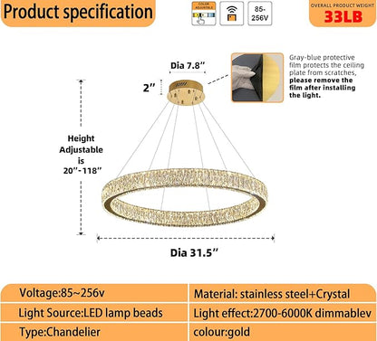 Modern LED Gold Ring Chandelier 31.5" Dimmable Adjustable Crystal Ring Pendant Light for Dining Room Living Room