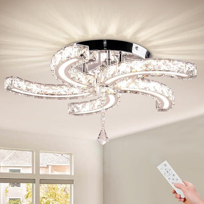 Finktonglan 19.7" Dimmable Crystal Semi Flush Mount Ceiling Light with Remote, 5-Light LED Modern Chandelier, K9 Crystal & Acrylic, 25W, 3000K–6500K Adjustable, Bedroom Living Room Dining
