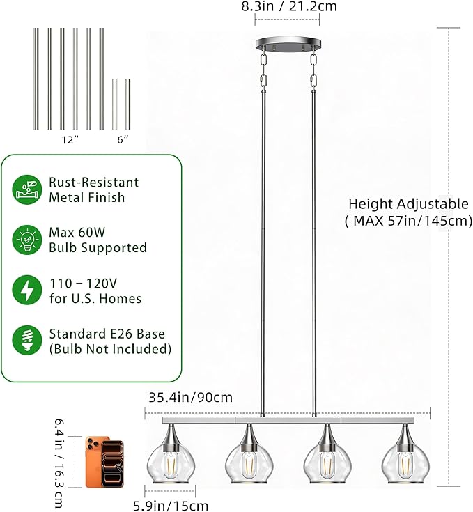 Kitchen Island Linear Pendant Light, 4-Light Modern Chandelier with Clear Glass Globe Shades, Linear Lighting Fixture Over Dining Table, Brushed Nickel