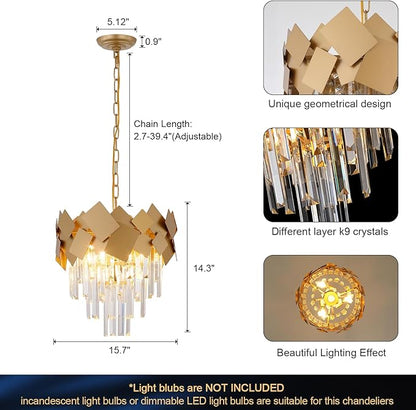A AXILIXI Gold Crystal Chandeliers 16” Modern Ceiling Pendant Light Fixture for Dining Room Dimmable Small 3 Tiers Flush Mount Chandeliers Round for Foyer Kitchen Island Entryway Hallway