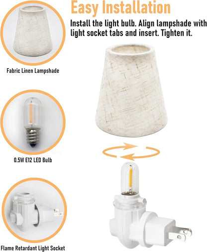 Vintage Plug in Night Light with Switch, 2-Pack 0.5W LED Night Lights Plug into Wall Socket, Soft Warm Baby Nursery Nightlight with Linen Fabric Lamp Shade for Adult Kids Room Bathroom Hallway