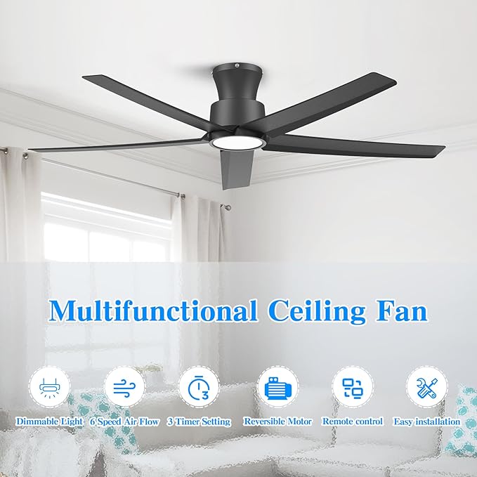 ocioc 52 Inch Ceiling Fans with Lights, Large Air Volume Ceiling Fan with Backlight, Ultra Quiet Reversible DC Motor with Remote（Black）