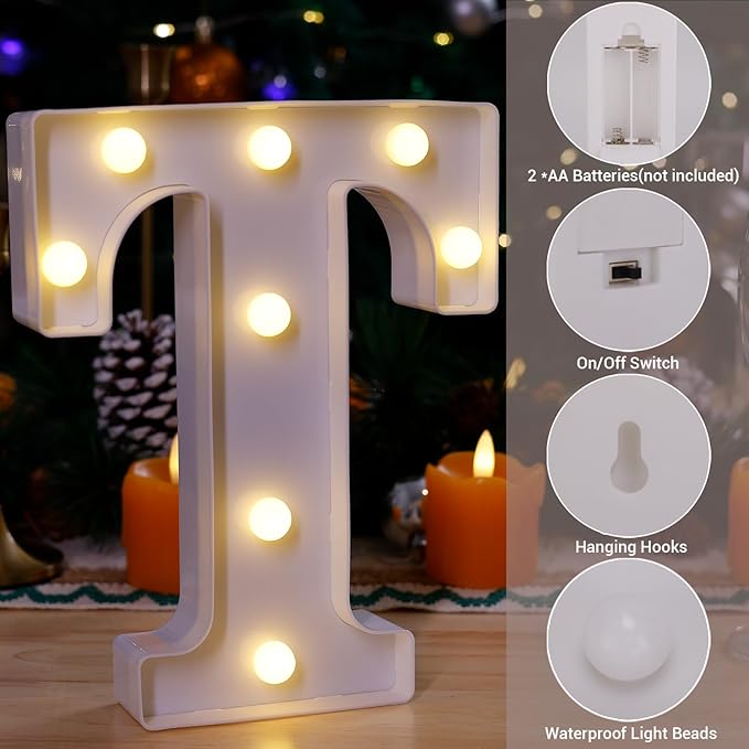 LED Marquee Sign Light Up Letters, Alphabet Light Up Sign, Battery Powered LED Letter Lights for Night Light, Wedding, Birthday, Party, Christmas or Home Decor (T)