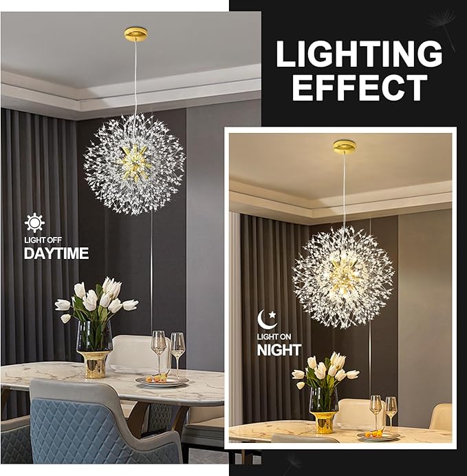 Modern Firework Gold Crystal Chandeliers, Sputnik Dandelion Chandelier Light Fixture Pendant Lighting for Dining Room, Living Room, Bedroom, Kitchen, Restaurant- 12 Lights