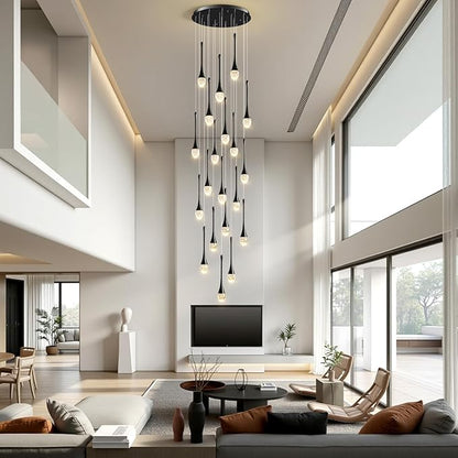 Raindrop Crystal Chandelier High Ceiling: 20 Lights Dimmable LED With Remote - Large Long Modern Bubble Hanging Pendant Light Fixture Spiral Chandeliers for Living Room Staircase Entryway Foyer Black