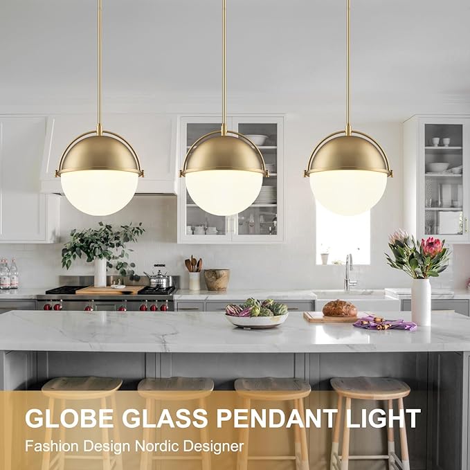 11.4 Inch Gold Globe Pendant Light Fixtures,Mid Century Modern Pendant Lights Kitchen Island with Milk Glass Shade, Adjustable Hanging Light Fixture for Kitchen Dining Room Bedroom Bathroom