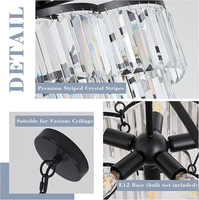 Black Crystal Chandelier - 3 Tiered Adjustable Modern Pendant Light for Dining Room Foyer Living Room Bedroom Kitchen Entryway (6 Lights)