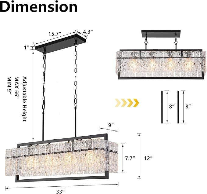 Modern Large Rectangle Chandeliers for Dining Room, 4 Lights Black Crystal Kitchen Island Lighting with Water Ripple Glass, Linear Farmhouse Pendant Light Fixture Over Table UL Listed
