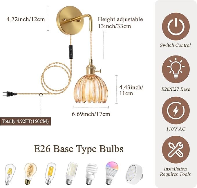 Plug-in Wall Sconce (Set of 2), Vintage Wall Decorative Lamp with Amber Glass Shade, Indoor Plug-in Wall Sconce for Bedroom, Living Room, Hallway