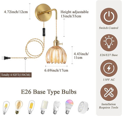 Plug-in Wall Sconce (Set of 2), Vintage Wall Decorative Lamp with Amber Glass Shade, Indoor Plug-in Wall Sconce for Bedroom, Living Room, Hallway