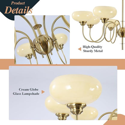 BOKT Large 8-Light Chandelier Modern Sputnik Chandeliers Flush Mount Ceiling Lights Cream Adjustable Height Pendant Lighting Vintage Gold Chandeliers with Light Yellow Glass Classic Ceiling Light