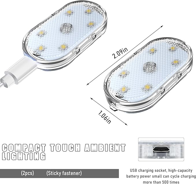 KVAEY 4 PCS Car LED Lights Interior Wireless, 7 Colors Magnetic Auto Ambient Light with 6 Bright LED Lamp Beads, Portable USB Rechargeable Vehicle Interior Led Night Light (White, Sticky, 2pcs)