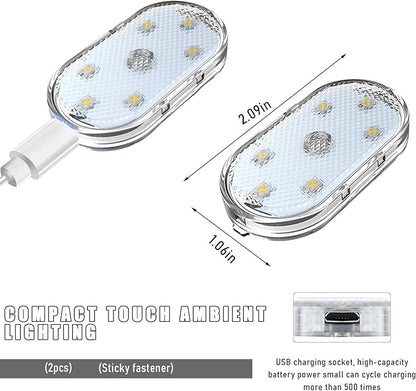 KVAEY 4 PCS Car LED Lights Interior Wireless, 7 Colors Magnetic Auto Ambient Light with 6 Bright LED Lamp Beads, Portable USB Rechargeable Vehicle Interior Led Night Light (White, Sticky, 2pcs)