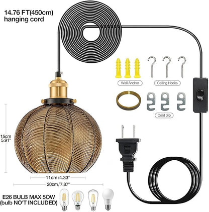 Modern Plug in Hanging Light, 7.8 Inch Glass Pendant Light with 14.76 FT Adjustable Plug in Cord, Vintage Amber Hanging Lamp for Dining Room Bedroom Kitchen Island Bathroom E26