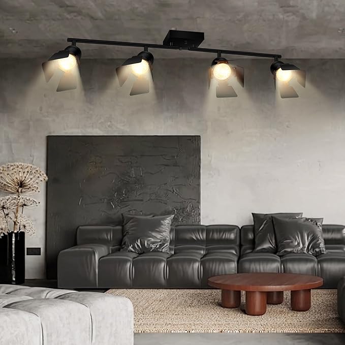 4 Light Track Lighting Fixtures Ceiling, Black Track Lighting with Rotatable Heads, Vintage Industrial Ceiling Spotlight Light for Kitchen/Living Room/Bedroom,GU10 Bulb Not Included