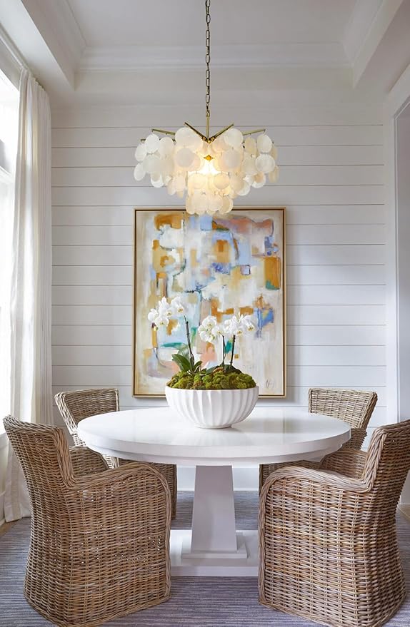 ALOADECOR 4-Light 22" Cone Shape 4-Tier Coastal Capiz Shells Chandelier with Antique Gold Metal Farmhouse Natural Seashell for Dining Room Living Room