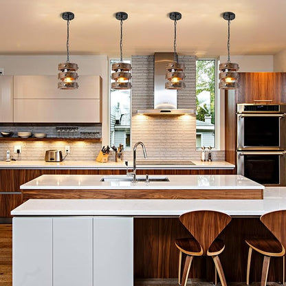 2pack Farmhouse Wood Pendant Lights Kitchen Island, Dining Room Lighting Fixtures Over Table Rustic Chandelier Height Adjustable Hallway Light for Foyer Living Room Bar Restaurant