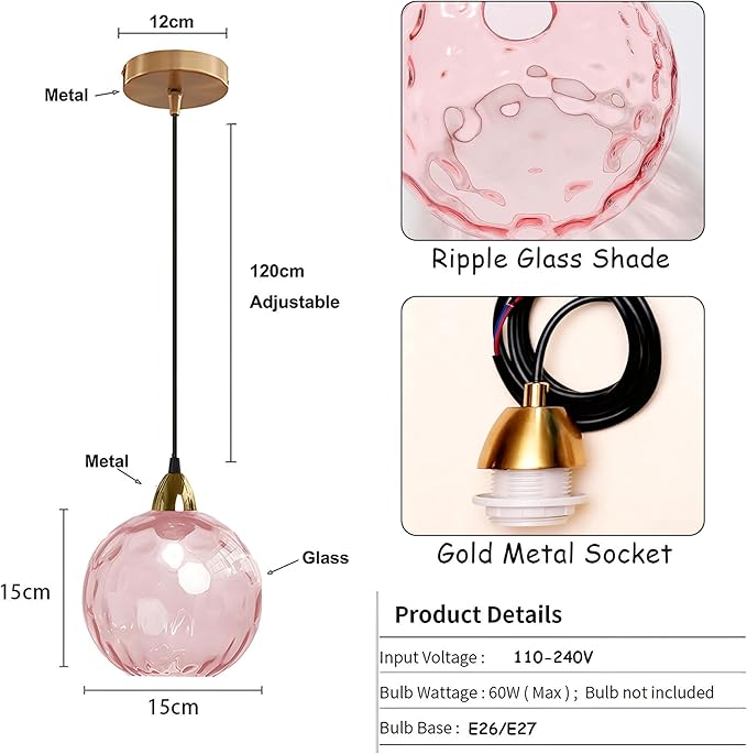 15cm/5.9’’ Industrial Vintage Spherical Glass Pendant Light, E26 Ceiling Hanging Lamp, Gold Finish & Ripple Glass Globe Shade, Dining Room Bedroom Chandelier (Pink)