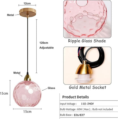 15cm/5.9’’ Industrial Vintage Spherical Glass Pendant Light, E26 Ceiling Hanging Lamp, Gold Finish & Ripple Glass Globe Shade, Dining Room Bedroom Chandelier (Pink)