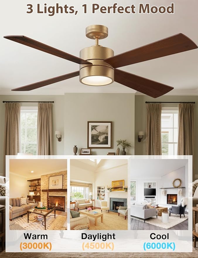 52" Outdoor Ceiling Fan with Lights and Remote – Luxury Gold Finish, Waterproof DC Motor, Reversible, Dimmable LED, Smart APP Control for Patios, Gazebo, and Indoor Spaces
