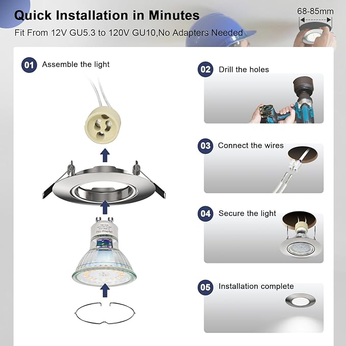 6 Pack Recessed Ceiling Light Mounting Frame, Compatible with MR16 GU5.3 Bulbs, Round Fixture Holders Adjustable for Commercial Cabinet, Polished Chrome