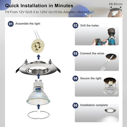 6 Pack Recessed Ceiling Light Mounting Frame, Compatible with MR16 GU5.3 Bulbs, Round Fixture Holders Adjustable for Commercial Cabinet, Polished Chrome