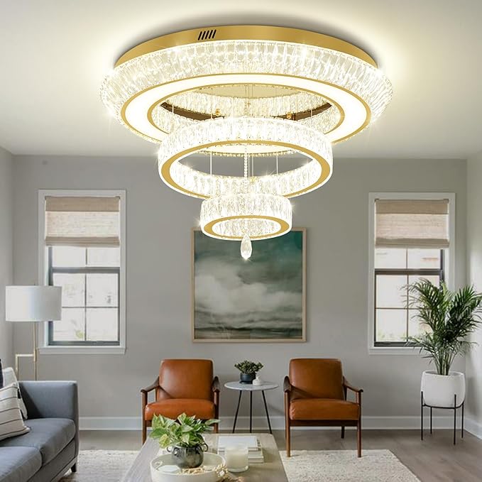 Led 40'' Gold Ring Crystal Chandelier,Modern Luxury Ceiling Lights Fixture for Dining Living Room 3-Tier Raindrop Chandeliers Lighting LED Dimmable 3000-6000K