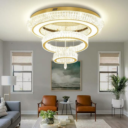 Led 40'' Gold Ring Crystal Chandelier,Modern Luxury Ceiling Lights Fixture for Dining Living Room 3-Tier Raindrop Chandeliers Lighting LED Dimmable 3000-6000K