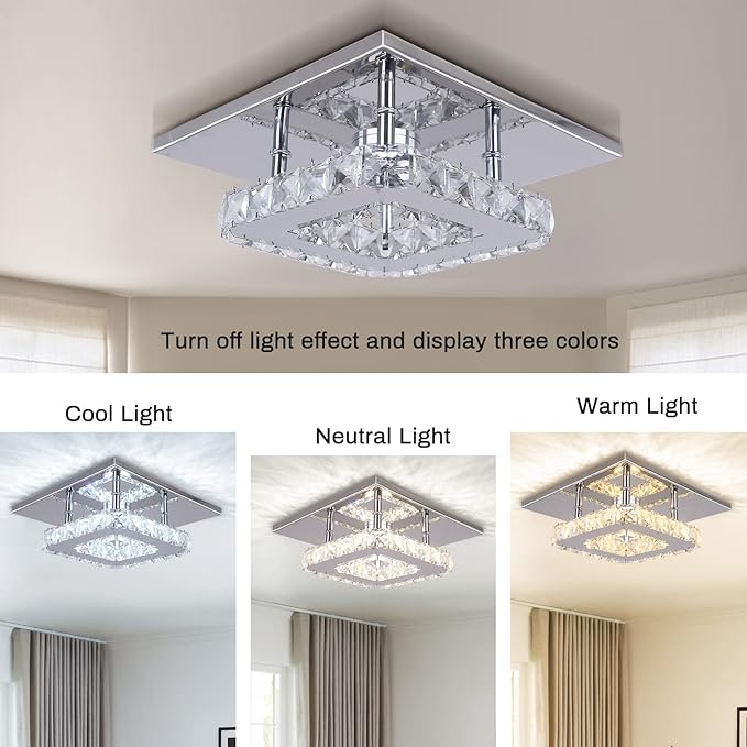 Dimmable Mini LED Chandeliers Modern Crystal Chandelier 7.9 Inches Led Ceiling Light Square Flush Mount Ceiling Light